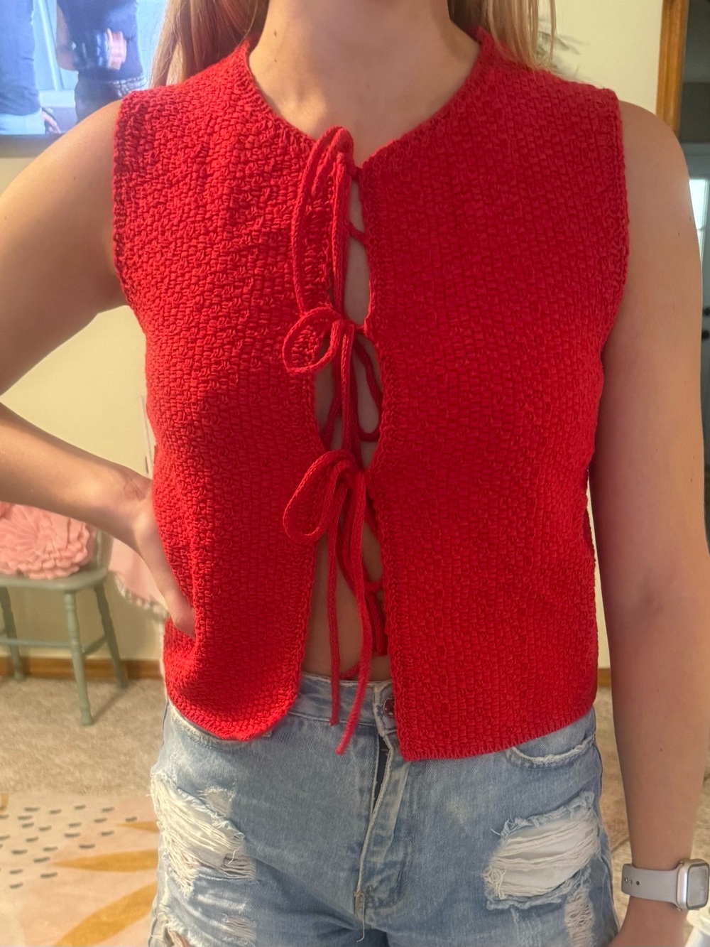 Red Tie-Front Sleeveless Knit Tank Top